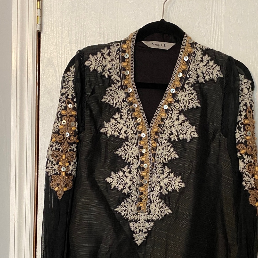 Black and Gold Embroidered Long Sleeve Dress